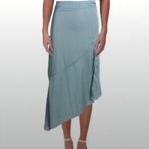 Free People Aqua Blue Green Silky Satin Asymmetrical Midi Skirt Size 4